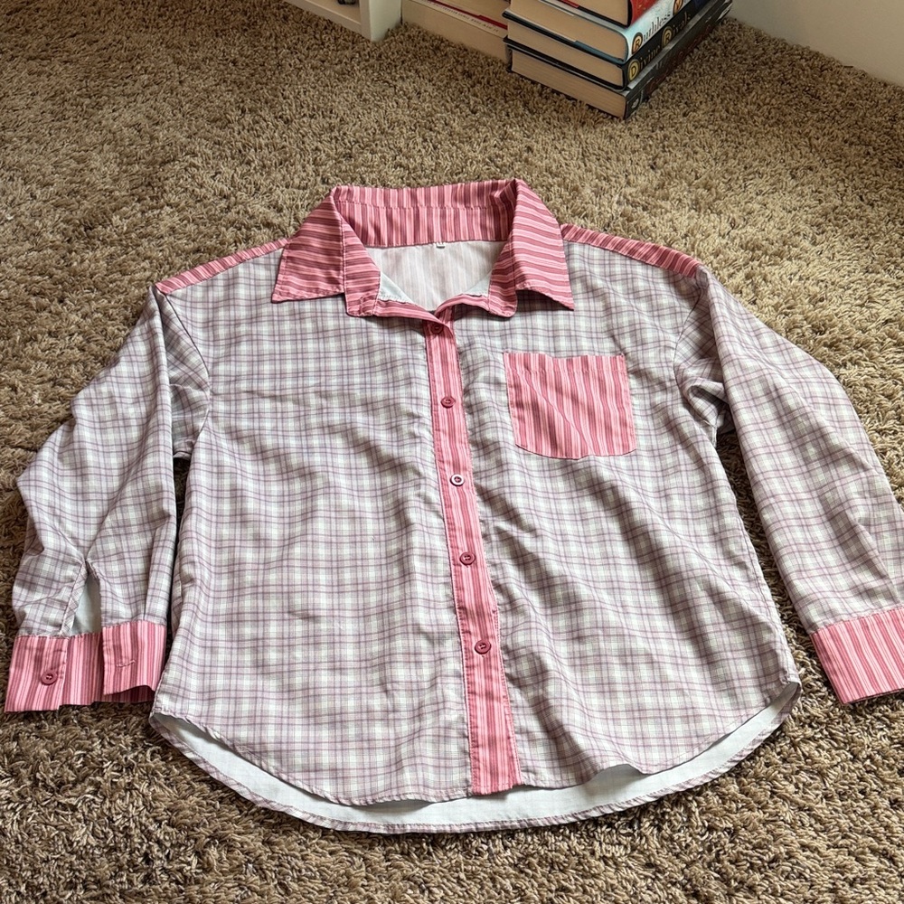 Women's Pink Plaid Button-Down Pajama Top and Pants